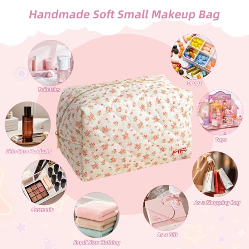 2-Piece Handmade Cotton Quilted Makeup Bag Set, Floral Cosmetic & Skincare Organizer Zippered Pouch for Women & Girls, Travel Toiletry Bag for Essentials,Rose