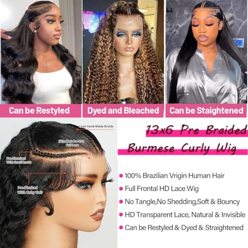 HONEY CROWN 13x6 Burmese Curly Lace Front Wigs Human Hair 180% Density Pre Braided Wig Water Wave HD Transparent Glueless Lace Frontal Wigs for Black Women Pre Plucked with Spiral End (24 Inch)