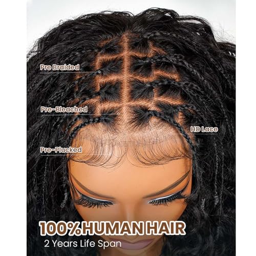 Munx Boho Braided Bob Wig Deep Curly 5x5 Lace Closure with Braided Bob Wigs HD Lace Front Pre Plucked 100% Human Hair 200% Density Square Knotless Boho Box Braiding Wig for Black Women 12in