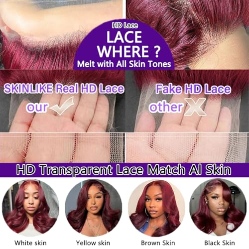 26 Inch 99J Burgundy Lace Front Wigs Human Hair Pre Plucked 200% Density Body Wave Lace Front Wigs Human Hair Red Wig HD Transparent Full Frontal 13x6 Glueless Colored Natural Wig For Woman