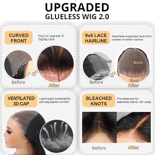 9x6 Glueless Wigs Human Hair Pre Plucked Pre Cut 1B/30 Highlight Body Wave Wear and Go Glueless Wigs Human Hair for Women Bleached Tiny Knots Body Wave Human Hair Wigs 210% Density 20 Inch