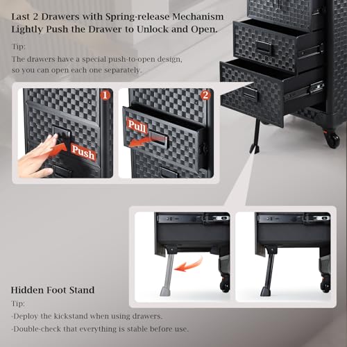 Stagiant Rolling Makeup Case with Drawers Cosmetology Case on Wheels 4 IN 1 Makeup Case 3 Drawers with Foot Stand Spring-release Mechanism Rolling Make Up Organizer for Artist Salon Nail Teach Trunk