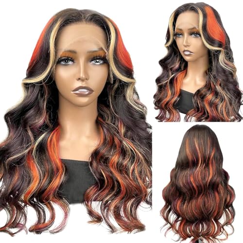 Ginger Blonde Highlight Wig Human Hair Multi Colored Ombre Lace Front Wigs Orange and Honey Blonde Skunk Stripe Human Hair Wig Body Wave Hd Lace Frontal Wig 13x4 Pre Plucked 180% Density 24 In
