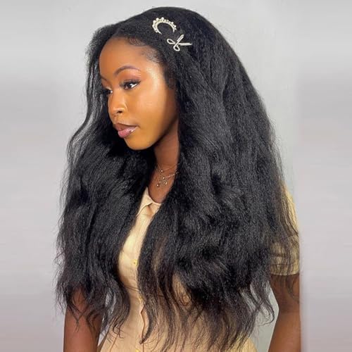 OQ Hair Kinky Straight Half Wig Human Hair Adjustable Drawstring 180% Density 3 In 1 Beginner Friendly Glueless Wear and Go Half Human Hair Wig for Women 20 Inch