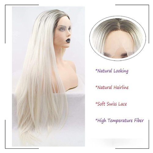 Angle Lucky Long Straight Platinum Blonde Lace Front Wig Synthetic Omber Blonde with Black Root Middle Part Wig Heat Resistant Fibre Realistic Hairline Daily Wigs for Women 24 Inch