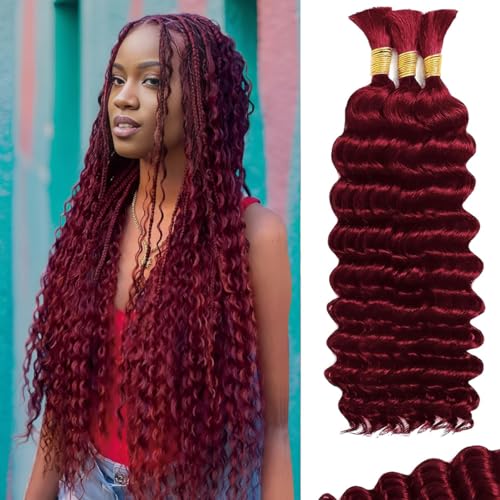 Human Braiding Hair for Boho Braids 110g 20 Inch Burgundy Curly Boho Hair for Braiding Knotless 12A Deep Wave Wet and Wavy Bulk Bohemian 3 Bundles/Pack Color 99J