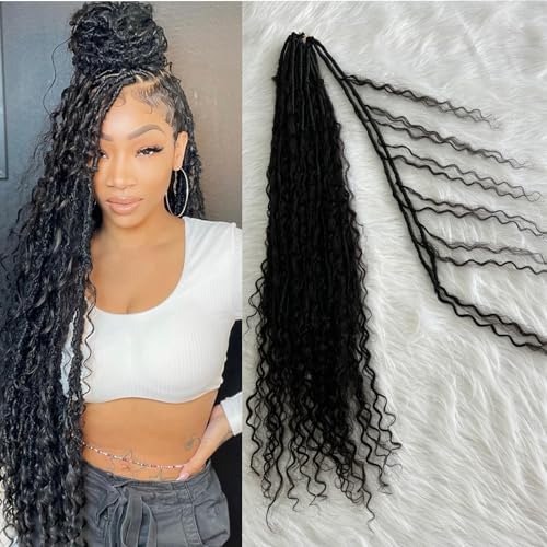 Boho Locs Crochet Braids Pre Looped With Human Hair Extensions Curly Ends Deep Wave Goddess Soft Locs Box Knotless Braids Hair Synthetic Dreadlocks Braiding for Women CHARMING YOU 18 Inch 48Strands