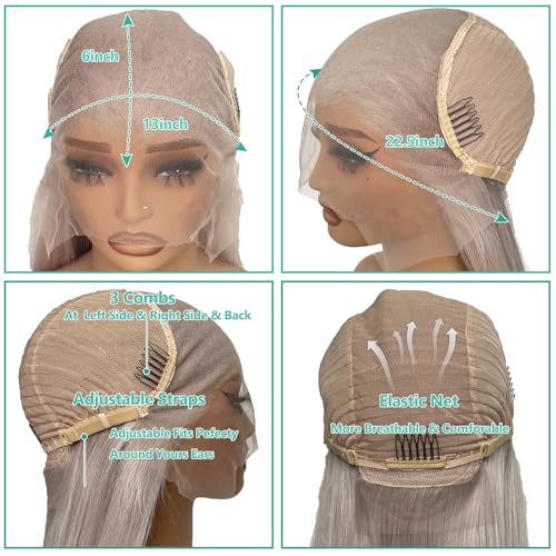 Munx Human Hair Lace Front Wig for Black Women 180% Density Thick 13x6 HD Transparent Glueless Wigs Wear and Go Silver Grey Real Human Hair Straight Pre Plucked Lace Front Wigs 22"