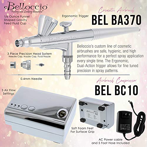 Belloccio Professional Beauty Deluxe Airbrush Cosmetic Makeup System with 4 Medium Shades of Foundation in 1/2 oz Bottles - Kit includes Blush, Bronzer and Highlighters