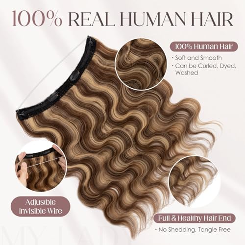 MY-LADY Wavy Halo Hair Extensions Real Human Hair for Women Medium Brown & Dark Blonde Clip in Remy Hairpiece with Adjustable Invisible Wire 18 Inch 65G