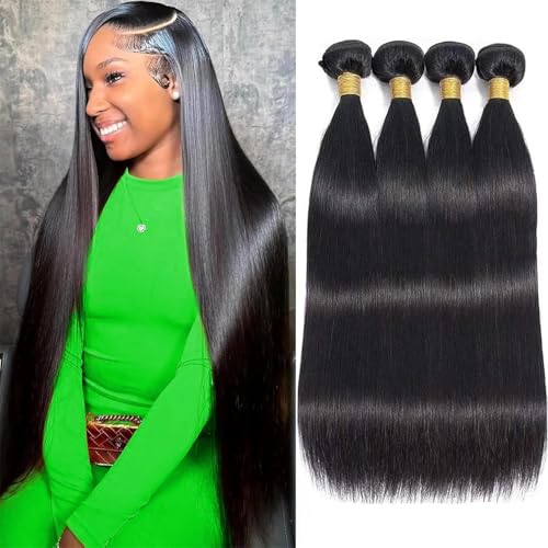 12A 22 24 26 28 Inch 4 Straight Bundles 100% Unprocessed Brazilian Virgin Human Hair Extensions Sew In Quick Weave Raw Billion Glossy Hair Bundles for Women Natural Black Color