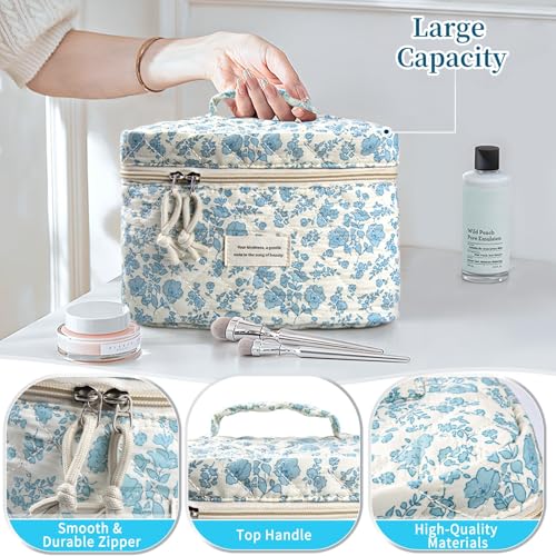 Cute Makeup Bag for Women(2 Pcs), Travel Cosmetic Bags, Quilted Coquette Aesthetic Floral Toiletry Organizer Bag (46 - Sky Blue/4Pcs)