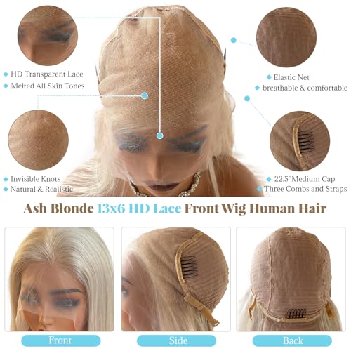 13x6 Platinum Blonde Lace Front Wig Human Hair, Deep Ear-to-Ear HD Lace Frontal Human Hair Wigs 24 Inch Platinum Blonde Wig 180% Density Straight Platinum Lace Front Wigs for Women Pre Plucked