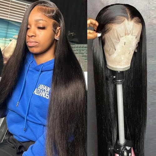 Full 13x6 HD Lace Front Wigs Human Hair Straight 180 Density Transparent Lace Frontal Wig for Women Natural Black Color Long Hair Glueless Wig 26 Inch