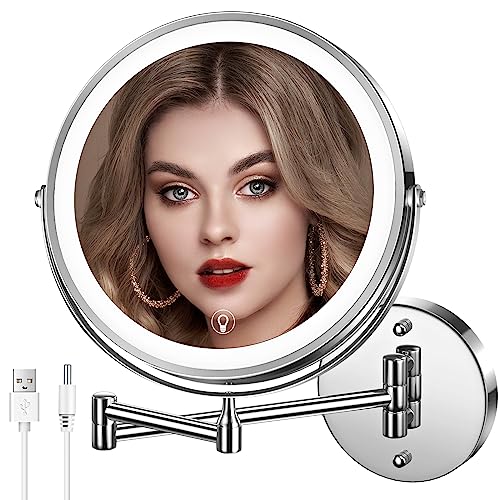 Wall Mounted Lighted Makeup Mirror, 8" Rechargeable Double-Sided Light up Magnifying Mirror 1x/10x, 3 Colors Led Vanity Mirror with Lights, Touch Dimmable 360¡Æ Rotation Foldable