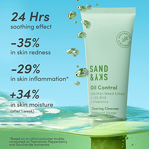 Sand & Sky Oil Control Gentle Face Cleanser with AHA & BHA - pH-Balanced Blemish Cleanser, Reduces Redness, For Oily Skin & Breakouts, 4.2 fl oz