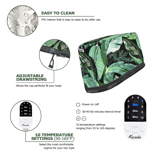 VICARKO Hair Steamer for Deep Conditioning, 10-Level Heats Up Quickly, 118¡± Power Cord, Heating Cap Hot Oil Treatment Heat, Electric Thermal Heated Steam for Natural Black Hair, Leaf Print