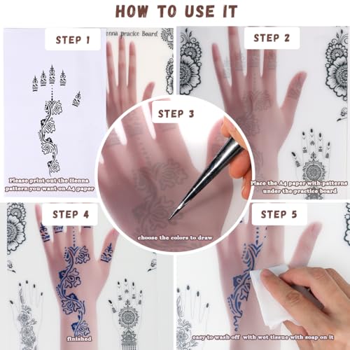 Reusable Henna Tattoo Practice Boards 2 Pack Henna Hand Practice Templates for Homemade Henna, Mehendi Heena Beginner, Aritist for Mehendi Art, 2 skin tones