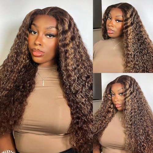 Highlight Deep Wave 5x5 HD Lace Closure Wigs Human Hair Glueless P4/27 Ombre Lace Closure Wig for Black Women 180 Density Honey Blonde Closure Wigs Pre Plucked 28 Inch