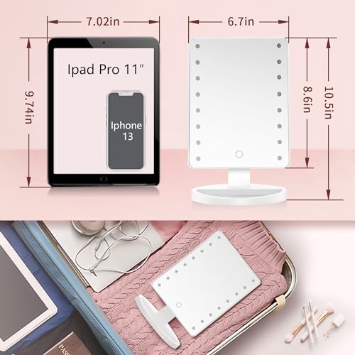 KOOKIN Lighted Vanity Makeup Mirror 16 Led Lights 180 Degree Rotation Lighted Mirror Touch Screen Adjusted Brightness Desk Mirrors USB Dual Supply Bathroom Beauty Cosmetic Mirrors (White)