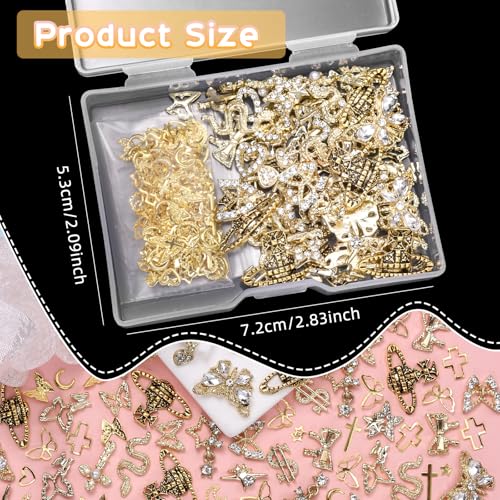 320 Pcs 3D Gold Nail Charms, Cross Snake Star Heart Dangle Nail Gems Charms, Bow Planet Dollar Butterfy Nail Gems for Alloy Nails, Rivet Nail Charms Rhinestones for Nails Art DIY Design