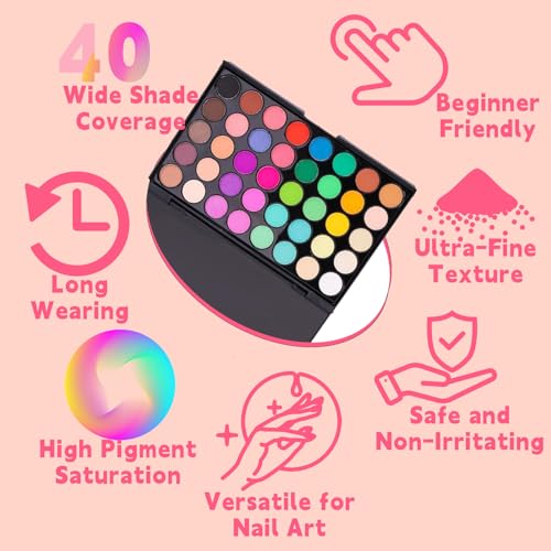 Pigment Powder for Nails 40 Colors Set, Colorful Nail Pigment Powder Palette with Iridescent Shades for Ombre & Bold Manicure, Home Salon DIY Nail Art Supplies