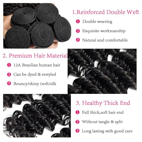 Deep Wave Bundles Human Hair 4 Bundles (20 22 24 26 inches) 12A Virgin Curly Bundles 100% Human Hair Deep Wave Bundles Deep Curly Weave 4 Bundles Natural Black