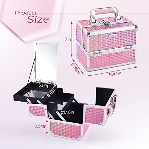 Joligrace Makeup Train Case Makeup Case Organizer Portable Cosmetic Box Storage with 2 Trays Mirror Locking Make Up Travel Case for Nail Kits Cosmetics Craft Traveling Makeup Box Mermaid Pink