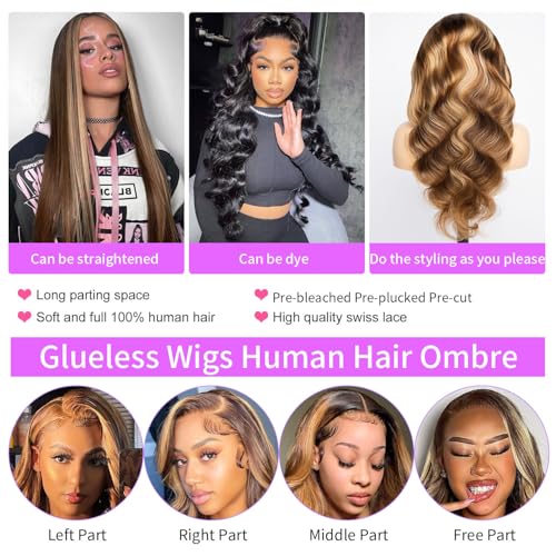 28 Inch Ombre Highlight Lace Front Wigs Human Hair Pre Cut 5X5 Glueless #4/27 Honey Blonde Body Wave Wigs for Women Pre Plucked with Baby Hair Lace Closure wig 200% Density