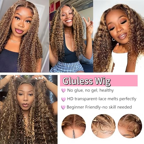 Highlight Ombre 4/27 Human Hair Wear and Go Glueless Deep Wave Curly Wet and Wavy Lace Front Wigs Pre Plucked Pre Cut 5x5 HD Lace Closure Wigs for Black Women 30 Inch