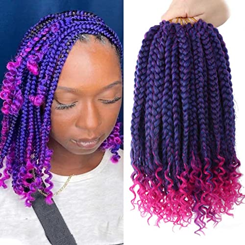 6 Packs Crochet Box Braids Curly Ends 10 Inch Crochet Hair for Kids Bohemian Bob Box Braids Crochet Hair for Black Women (10 Inch, T1B/Purple/Pink)