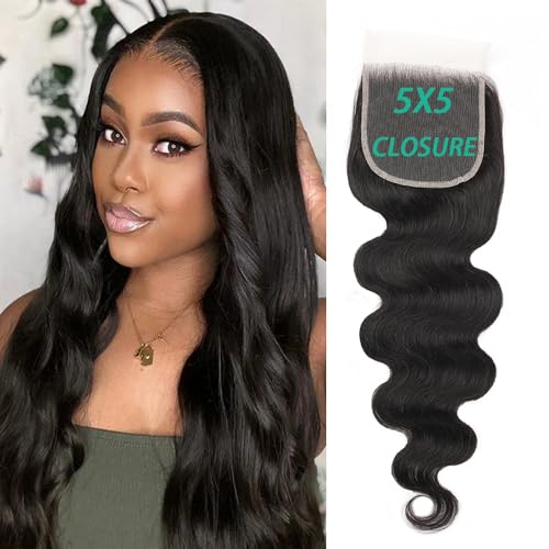 HD Lace Closure 24 Inch Body Wave 5x5 Human Hair Closure for Black Women 100% Human Hair 5x5 Lace Closure Can be Curly and Dyed With Baby Hair (24 Inch, 5x5 Black)