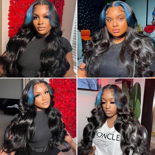 JYZ Skunk Stripe Wig Human Hair Lace Front Blue Lace Front Wig Human Hair Wavy 13X4 HD 200% Density Highlight Wigs Pre Plucked with Baby Hair 26inch Middle Part