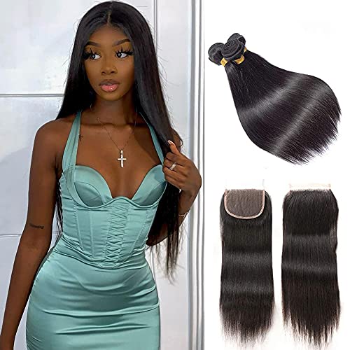Straight Human Hair Bundles With Closure 18 20 22+16closure 100% Unprocessed Remy Brazilian Virgin Straight Hair 3 Bundles with 4x4 Free Part Closure 9A Remy Human Hair Extensions Natural Color