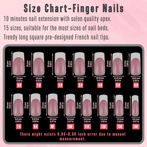 NOVO OVO French Tip Matching Press on Nail tips set, BERRY PINK Square Finger and Square Round Toe Nail Tips kit, Soft Gel Nail Extension, Pre-applied Tip Primer & Matte Base Coat x 15 Sizes 360 pcs