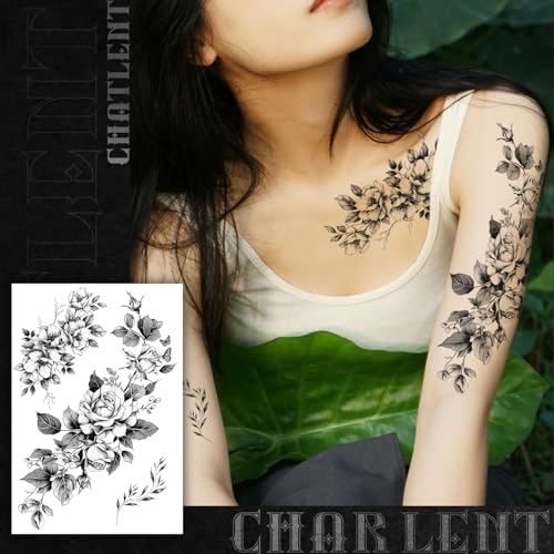 CHARLNET Realistic Flower Temporary Tattoos for Women - 9 Large Sheets Flower Rose Tattoos For Women Body Art Arm Chest Legs Shoulder