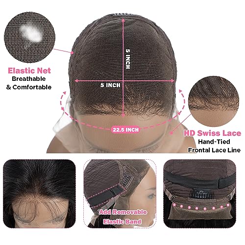 5x5 HD Lace Closure Wigs Human Hair Body Wave Lace Front Wigs for Black Women 100% Virgin Human Hair Pre Plucked with Baby Hair 180% Density Glueless Wigs Natural Black Color 24Inch