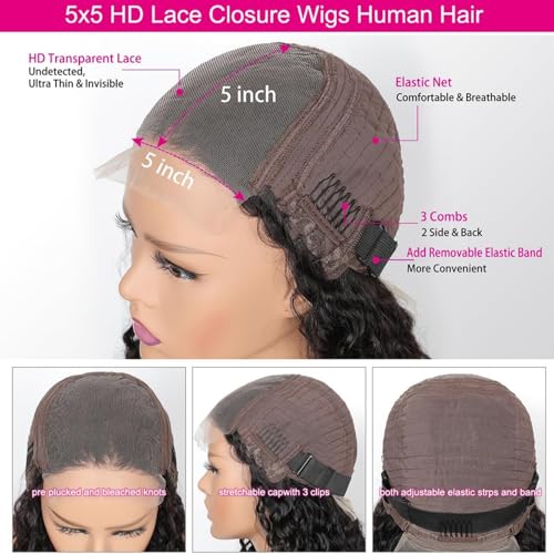 24 Inch 5x5 Lace Front?Wigs Human Hair Pre Plucked 150% Density Water Wave Glueless Lace Frontal?Wigs Human Hair for Women 5x5 Brazilian Virgin HD Lace Closure Human Hair Wigs with Baby Hair