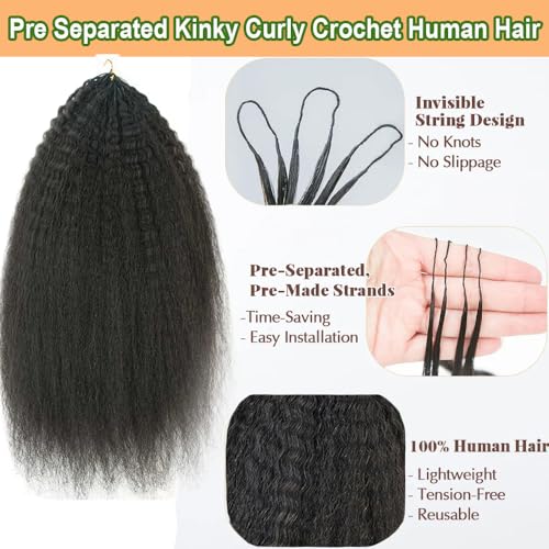 Feather Crochet Hair Kinky Straight Human Hair For Black Women Pre-Separated Knotless Invisble Micro Loop Hair Extensions Crochet Human Hair Yaki For Braiding 22inch 120g