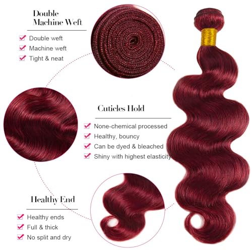 99J Human Hair Bundles Burgundy Body Wave Bundle 12 14 16 Inch Wine Red Body Wave Bundles Human Hair Unprocessed Virgin Hair 3 Bundle