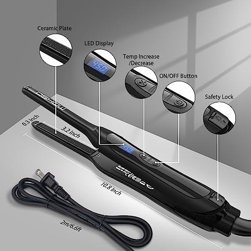 DSHOW Pencil Flat Iron, 3/10" Small Flat Irons for Short Hair, Pixie Cut and Bangs,Tourmaline Ceramic Mini Hair Straightener for Edges with Adjustable Temperature, Auto Shut Off (Black)