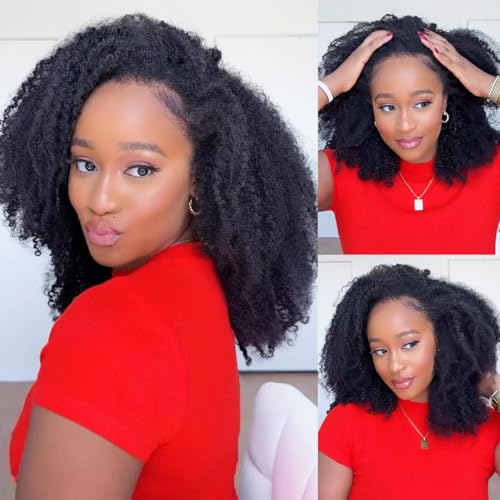 Curly Half Wig Human Hair Upgrade 3 IN 1 Human Hair Half Wig With Drawstring, Beginner Friendly Flip Over Afro Kinky Curly Wig Human Hair No Glue No Lace Wig For Black Women 200% Density 16 Inch