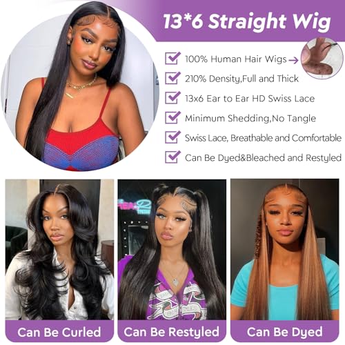 32Inch 13x6 Lace Front Wigs Human Hair 210 Density Straight HD Lace Front Wigs Human Hair Pre Plucked with Baby Hair Glueless Wig Virgin Hair Lace Front Wigs for Women (13X6 Straight Wig, 32Inch)
