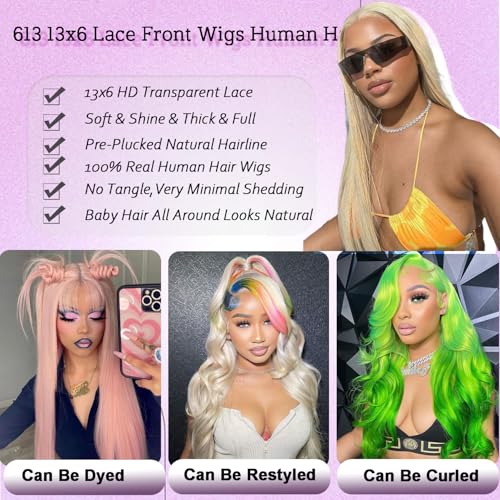 613 Lace Front Wig Human Hair Blonde Straight Wigs Human Hair 180% Density 22 Inch, Pre Plucked, No Tangle, Minimal Shedding, Average Cap, Dyeable And Heat-Friendly for Dating