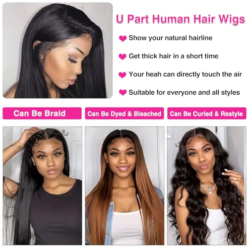 U Part Wigs Human Hair For Black Women Upgrade U Part Human Hair Wigs With Drawstring Beginner Friendly No Sew In No Leave Out No Glue U Part Wig 200% Density Natural Color (24inch)