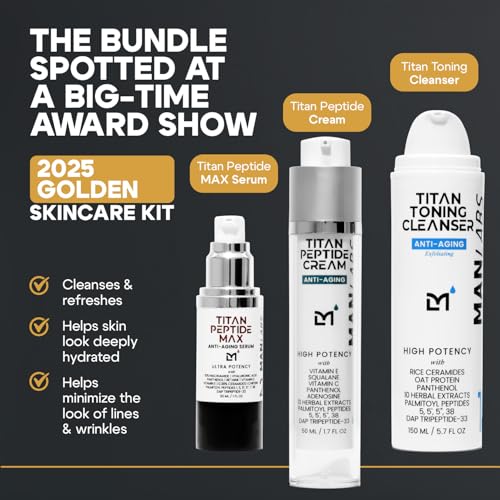 Titan 3-Piece Anti-Aging Mens Skin Care Kit ? Wash, Face Serum, Mens Face Moisturizer ? Men, Skin Care Set ? Dark Spots, Wrinkles, Fine Lines ? Vitamin C, Peptides, Niacinamide, HA ?Unscented