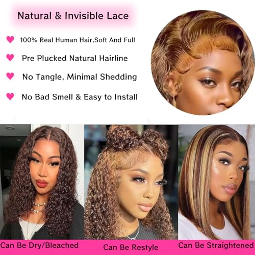 4/27 Highlight Ombre Bob Wig Human Hair 13x4 Deep Curly Human Hair Wig 200 Density Hd Lace Front Wigs Human Hair For Women Pre Plucked Wet And Wavy Short Bob Wigs 16 Inch