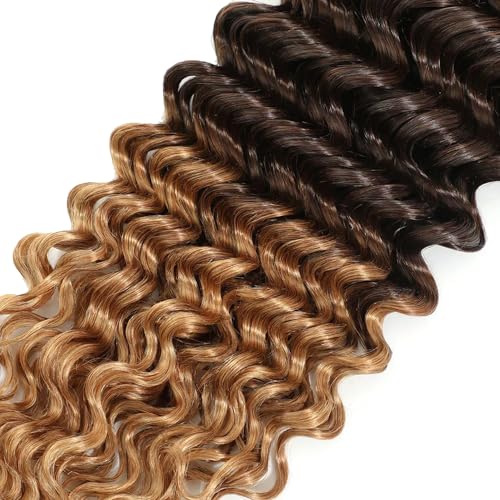 Honey Blonde Bundles Human Hair Ombre Deep Wave Bundle Mixed Length 3 Bundles 22 24 26 Inch Double Weft 3 Tone Brown and Honey Blonde Deep Wave Hair Weave