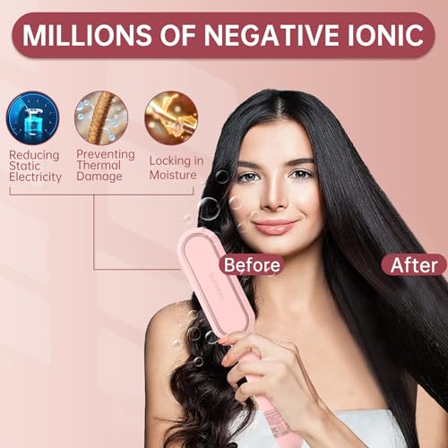 Negative Ionic Hair Straightener Brush with 9 Temp Settings, 30s Fast Heating Hair Straightening Comb with LED Display, Anti-Scald & Auto-Shut Off Hair Brush Straightener for Women (Pink)