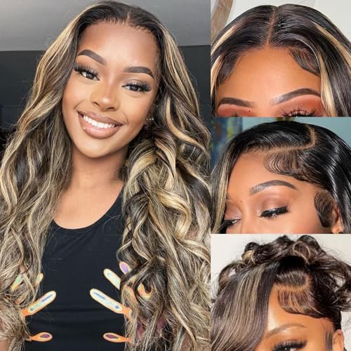 Avolo 30 Inch Ombre Highlight Lace Front Wig Human Hair Pre Plucked 13x4 HD Transparent 1B/27 ombre lace front wig Body Wave HD Lace Frontal Wigs Human Hair With Baby Hair 180% Density